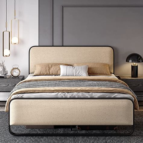 Queen Size Metal Bed Frame, Modern Bed Frame, Curved Headboard, Queen Platform Bed, Queen Bed Frame, Metal Platform Bed, Upholstered Bed Frame, Metal Bed, Metal Bed Frame