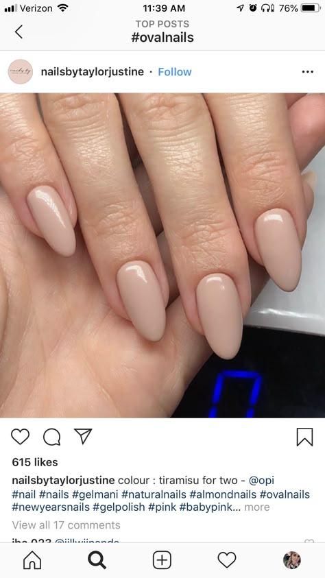 Oval Nails Beige, Tiramisu Nail Color, Beige Nails Almond Shape, Simple Cream Nails, Tan Opi Gel Polish, Opi Tiramisu For Two Gel, Almond Tan Nails, Bone Color Nails, Oatmeal Nail Color