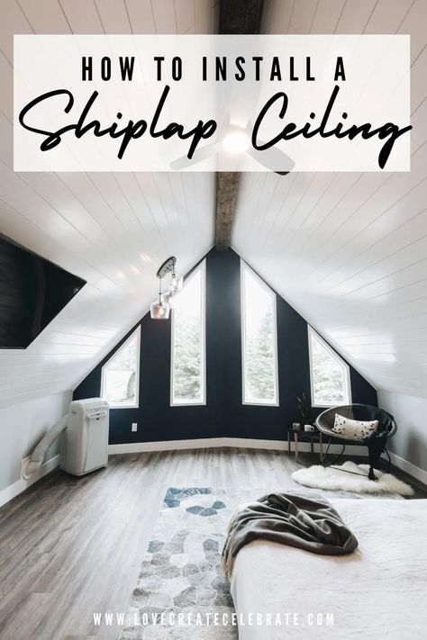 Shiplap A Frame Ceiling, Shiplap Ceiling Attic Bedroom, Shiplap On Vaulted Ceiling, Painted A Frame Ceiling, Vertical Shiplap Wall And Ceiling, Shiplap Attic Ceiling, Shiplap Slanted Ceiling, Lighting For Slanted Ceiling, A Frame Ceiling Ideas