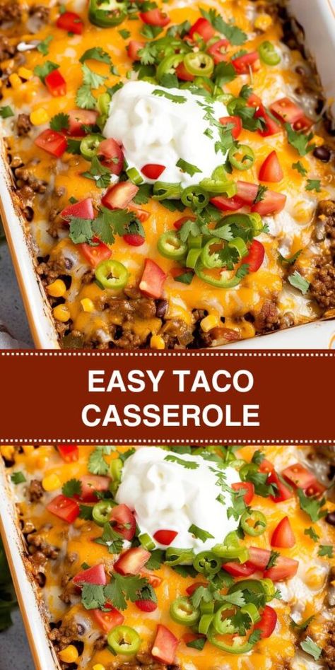 Try this Easy Taco Casserole recipe for a quick and flavorful dinner that's perfect for busy weeknights. Made with seasoned ground beef, zesty salsa, crunchy tortilla chips, and melted cheese, this Mexican-inspired casserole is a The Best Mexican Beef Casserole Ever, Taco Salad Bake Casserole, Deep Dish Taco Casserole, Stacked Tortilla Casserole, Beef Mexican Casserole Recipes, Taco Chip Casserole, Ground Beef Recipes Mexican Easy Dinners, Taco Flavored Recipes, Mexican Taco Bake Casserole