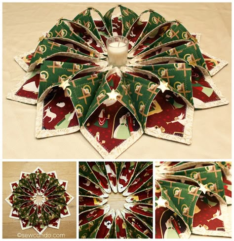 Fold And Stitch Wreath Tutorial, Fold And Stitch Wreath, Fabric Wreath Tutorial, Stitch Wreath, Square Wreath, Candle Wreath, Table Topper Patterns, Christmas Patchwork, Christmas Sewing Projects