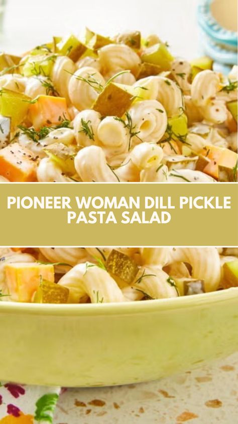 This creamy and tangy Dill Pickle Pasta Salad by Pioneer Woman is a quick and easy side dish perfect for picnics or potlucks. Made with simple ingredients like pasta, pickles, and cheddar cheese, it’s bursting with flavor and flexibility. Customize it with your favorite add-ins and enjoy its refreshing taste at any gathering! Dill Pickle Pasta Salad Recipe, Dill Pickle Salad, Ham Pasta Salad, Dill Pasta, Pickle Salad, Pickle Pasta Salad, Pickle Pasta, Corkscrew Pasta, Pioneer Kitchen