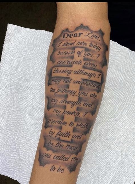 Inner Arm Tattoo For Men Bible Verse, Tattoo Tribute To Grandfather, Lord Forgive Me For My Sins Tattoo, Qoutes Tattoos Ideas Men, Inner Forearm Tattoo Quotes, Arm Tattoo Men Quotes, Mark 9:23 Tattoo Men, Men God Tattoos, Dear God Tattoo