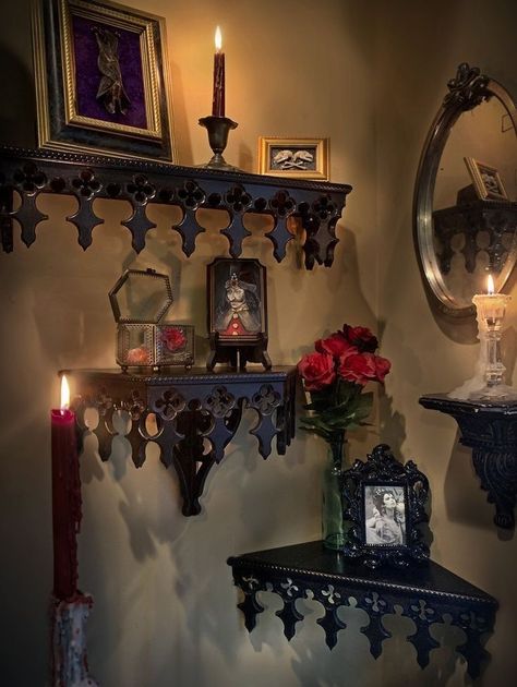 Goth Shelf Decor, Gothic Light Fixtures, Goth Shelves, Colorful Gothic Decor, Goth Shelf, Gothic Victorian Bedroom, Gothic House Interior, Victorian Gothic Bedroom, Gothic Rooms