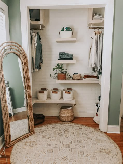 Open Closet With Shelves, Exposed Bedroom Closet, Open Space Closet, Open Concept Closet In Bathroom, Boho Open Closet Ideas, Open Door Closet In Bedroom, Open Face Closet, Boho Closet Decor, Open Concept Bedroom Closet