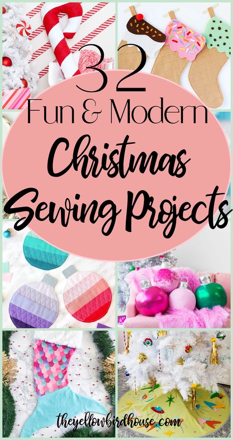 Make it a modern Christmas with these 32 Modern Christmas Sewing Projects! Fun, colourful and non-traditional sewing ideas to make the festive season a little more up to date. Easy Xmas sewing projects to give as gifts or to decorate your home. Bright colours and modern designs will level-up your Christmas crafting this year. Unique Christmas sewing crafts that are full of personality! Christmas Sewing Crafts, Diy Christmas Quilt, Christmas Diy Sewing, Modern Christmas Stocking, Diy Christmas Tree Skirt, Christmas Decorations Sewing, Felt Ornaments Patterns, Christmas Sewing Projects, Business Christmas