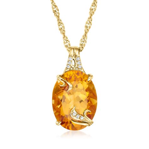 Ross-Simons - 9.50ct Citrine Pendant Necklace, Diamond Accents in 18kt Gold Over Sterling. Bask in the fiery radiance of this glamorous citrine necklace - you'll feel its illuminating effects instantly! The 9.50 carat oval citrine pendant is garnished with fanciful swirled decor of diamond accents and polished 18kt yellow gold over sterling silver. Suspends from a Singapore chain that adjusts from choker length to 24". Lobster clasp, citrine pendant necklace. Citrine birthstones are the perfect