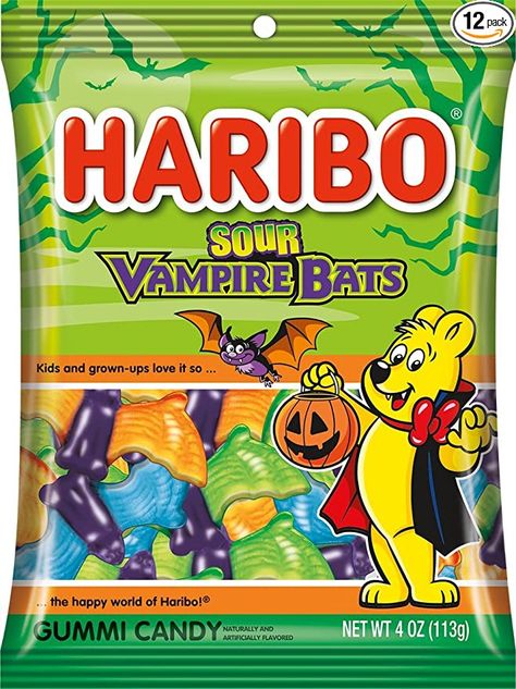 Amazon.com : Haribo Halloween Sour Vampire Bats, 4 oz. Bag, (Pack of 12) : Grocery & Gourmet Food Halloween Candy Packaging, Halloween Food Packaging, Haribo Gummies, Paper Squishes, Candy Posters, Snack Design, Squishy Ideas, Candy Flavors, Haribo Candy