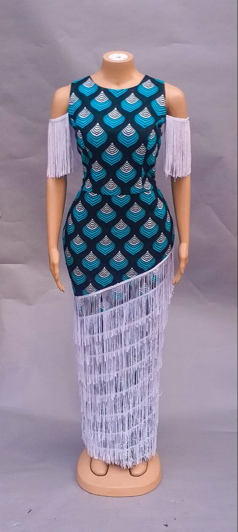 Ankara Long Pencil Gown Styles, African Fringe Dress, Ankara Fringe Dress Styles, Ankara Short Gown Styles With Fringe, Ankara Fringe Dress, Ankara Long Gown With Fringes, Ankara With Fringe Styles, Pencil Gown Ankara Styles, Beaded Ankara Dress