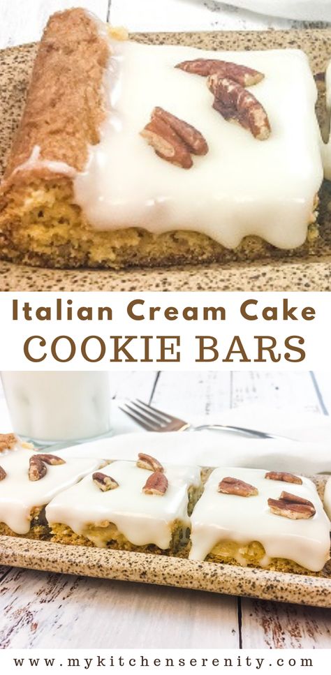 Delicious Italian Cream Cake baked in a sheet pan, then cut into bars or squares.  The ingredients form a chewy, cookie-like crust.  Topped with rich homemade cream cheese frosting.  It's the easiest Italian Cream Cake ever!  It's rich and decadent just like the original layered cake. #italiancreamcakerecipe #easycookiebars #cookiebarswithcakemix #easydessertrecipe Pie, Bar Desserts For A Crowd, Italian Desserts For A Crowd, Cake Cookie Bars, Beginner Baking, Italian Cream Cake Recipe, Fun Bars, Homemade Cream Cheese Frosting, Chocolate Peanut Butter Desserts