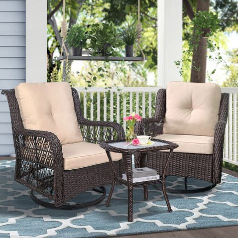 The Outdoor Bistro Set 3 Pieces is a stylish and comfortable addition to any outdoor space. It includes two swivel rocker patio chairs that can rotate 360 degrees and a tempered glass top side coffee table, perfect for enjoying a cup of coffee or tea in the sun. Wicker Swivel Chair, Black Wicker, Swivel Rocking Chair, Glass Top Side Table, Rocking Chair Set, Coffee Table Size, Outdoor Bistro Set, Swivel Chairs, Wicker Chairs