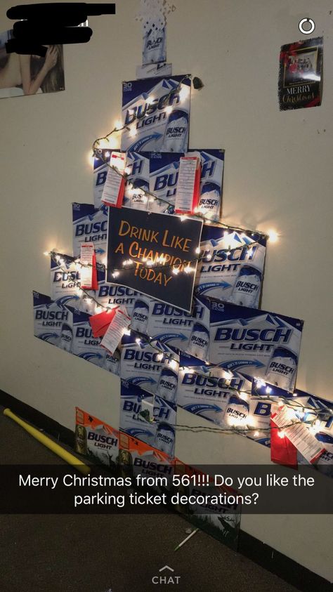 Beer box Christmas tree with parking ticket ornaments college dorm Frat party boys decorations decor drinking games alcohol 21 birthday College House Decor Party, Christmas Frat Party, College Party Decor, Frat Basement Aesthetic, Party Basement Ideas, Frat House Party, Frat Room, Frat Party Decor, Frat House Aesthetic Decor