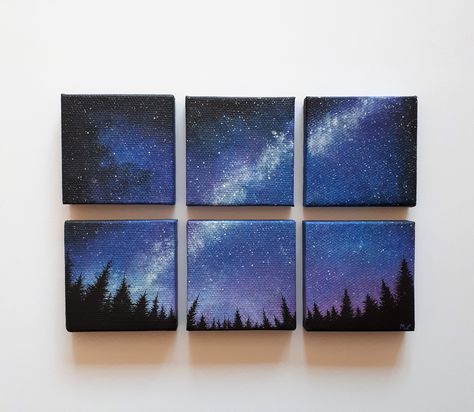 Multi Canvas Art Diy, Small Canvas Art 4x4, Set Of 4 Canvas Painting Ideas, Multi Canvas Painting Ideas, Multi Canvas Painting, Mini Toile, Nature Art Drawings, Astronomy Art, Canvas Drawing