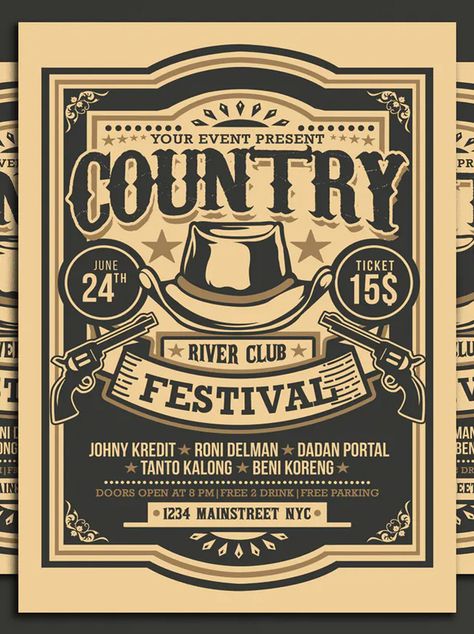 Country Music Festival Template PSD Cowboy Graphic Design, Country Graphic Design, Festival Advertisement, Country Music Poster, Festival Template, Typography Classic, Country Artwork, Country Poster, Country Fest