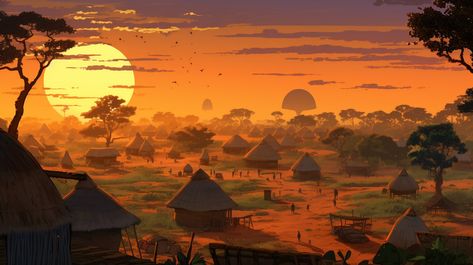 African Village Fantasy Art, Tribe Village Concept Art, Rainforest Village Concept Art, Africa Concept Art, African Fantasy Landscape, African Kingdom Concept Art, Africa Fantasy Art, African Fantasy Art Landscape, Desert Village Fantasy Art