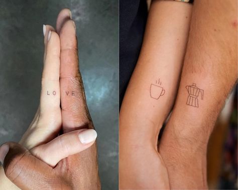 72 Matching Couple Tattoos That Aren’t Cheesy | Glamour Small Couple Tattoo Ideas, Couple Ring Finger Tattoos, Simple Couples Tattoos, Matching Couple Tattoo, Tattoo Ideas Meaningful, Tattoo Couples, Marriage Tattoos, Pair Tattoos, Infinity Couple Tattoos