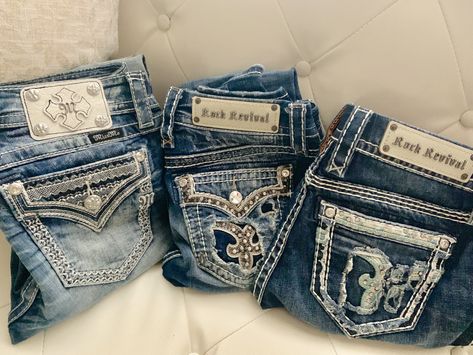 Rock revival and Miss me Jeans coming soon to POSHMARK Rock Revival Jeans Outfit, Rock Revival Jeans Women, Miss Me Outfits, Bedazzled Jeans, Mcbling Fashion, Bling Jeans, Flair Jeans, 2000s Clothes, 2000s Outfits