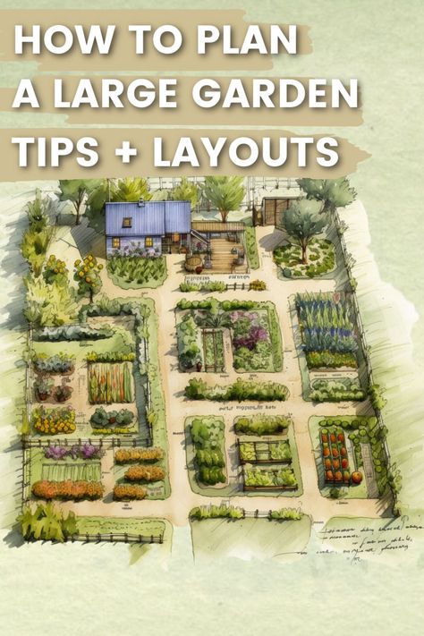 This post will help you decide what to plant, where to plant it, and when. We’ll talk about the basics like sunlight and water, and we’ll also share some layout ideas. Large Raised Garden Beds Layout, Fruit Garden Layout, Homestead Garden Layout, Veggie Garden Layout, Vegetable Garden Layout Design, Homesteading Life, Garden Planning Layout, Backyard Garden Layout, Farm Plans