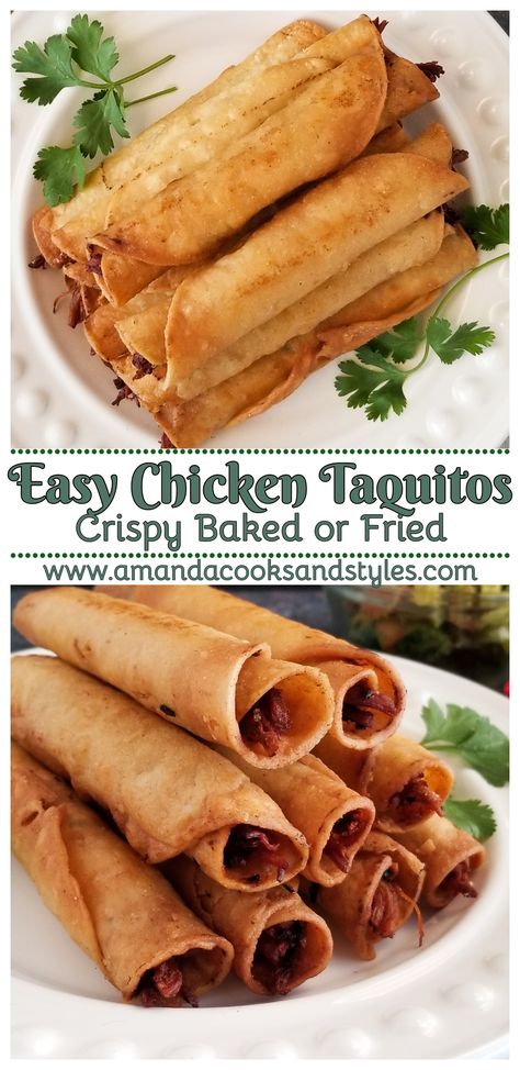 Easy and Delicious Chicken Taquitos – Crispy homemade chicken taquitos are the perfect main course or appetizer. Shredded chicken wrapped tightly in corn tortillas then baked (or fried) to golden perfection. Serve with guacamole, salsa or sour cream! Chicken Toquitos, Crispitos Recipe, Homemade Chicken Taquitos, Chicken Taquitos Baked, Baked Flautas, Homemade Taquitos, Chicken Flautas, Taquitos Recipe, Tacos Dorados