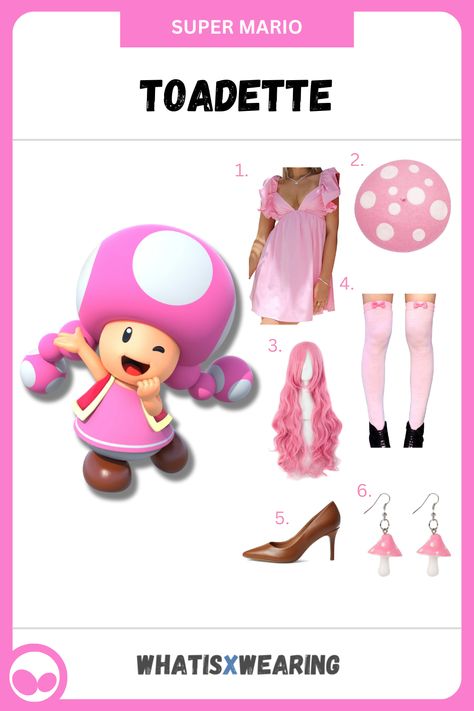 Dress like the real princess of the Mushroom Kingdom, Toadette, with this adorable costume idea from Super Mario Bros. Toadette Diy Costume, Plus Size Characters To Cosplay, Mario Party Cosplay, Toadette Costume Diy, Toad And Toadette Costume, Quick Cosplay Ideas, Mario Cart Charters Costumes, Toad Costume Diy Women, Diy Toadette Costume