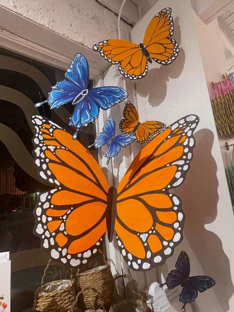 large blue and orange wooden butterflies Spring Decor School, Diy Cardboard Party Decorations, Magnified Vbs Decorations, Magnify Vbs Decor, Magnified Vbs Decor, Lifeway Vbs 2025 Magnified Decorations, Vbs 2025 Magnified, Magnified Vbs 2025 Decorations, Vbs 2025 Magnified Decorations