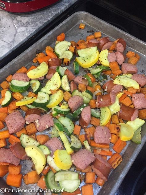 Vegetables In Oven, Kielbasa Potatoes, Roasted Broccoli And Carrots, How To Cook Kielbasa, Kielbasa And Potatoes, Potatoes And Vegetables, Vegetable Casserole Recipes, Kielbasa Recipes, Hot Dog Recipes