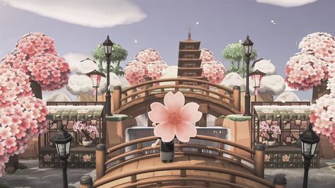 Acnh Zen Garden, Island Design Ideas, Cherry Blossom Images, Japanese Island, Japanese Town, Japanese Animals, Animal Crossing 3ds, City Island, Animal Crossing Wild World