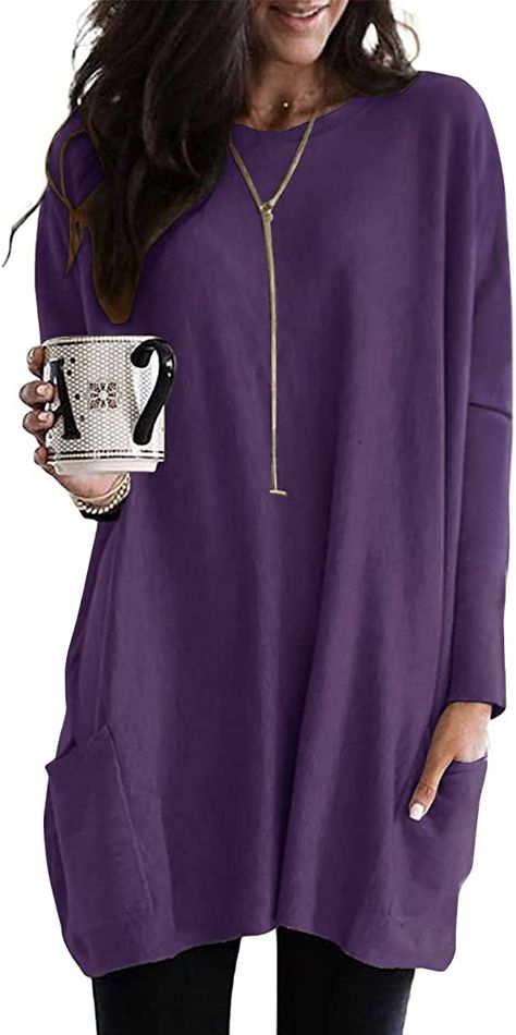 Tunic Tops For Women, Tunic Tops For Leggings, Long Tunic Tops, Basic Sweatshirt, Leggings With Pockets, Casual Long Sleeve Shirts, Long Sleeve Tops Casual, Women Tunic Tops, Long Tunic