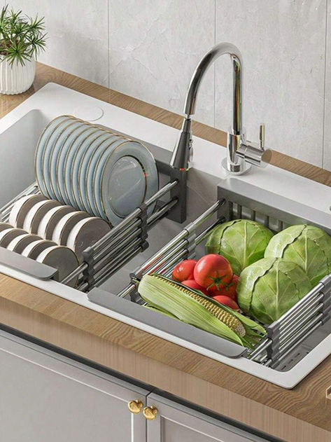 TUTEW Dish Drying Rack, Over The Sink Dish Drying Rack, Stainless Steel Dish Drainer with Adjustable Arms Holder Functional Kitchen Sink Organizer for Vegetable and Fruit Functional Kitchen Sink, Over Sink Dish Drying Rack, Sink Dish Drying Rack, Kitchen Caddy, Kitchen Sink Organizer, Kitchen Basket Storage, Metal Storage Racks, Fruit And Vegetable Storage, Dish Drying Rack