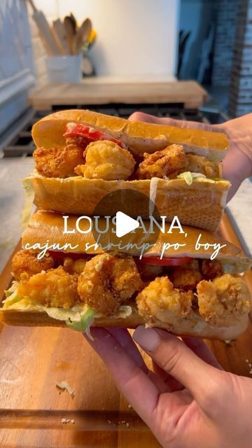 britscookin’ on Instagram: "Fried Shrimp Po’ Boy! 🍤 #louisiana #cajun #poboy #southernfood #comfortfood #friedshrimp #bangbang #yum #poorboys #sandwich" Cajun Poboy Sandwich, Fried Shrimp Meal Ideas, Po Boys Sandwiches, Shrimp Poboy Sandwich Sauce, Fried Shrimp Poboy Sandwich, Fish Sandwich Sides, Poor Boy Sandwich Recipes, Po Boy Sandwich Shrimp, Sides For Fried Shrimp