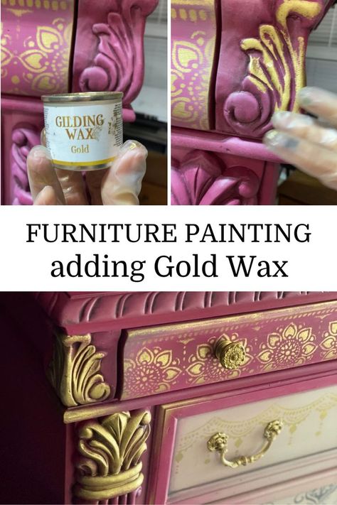 Here's how to add gold wax to your painted furniture makeover. I use Dixie Belle's Gilding Wax in Gold and love adding it to wood carvings, like I did on this painted dresser. Hop over to my furniture painting blog to learn my wax application techniques and how to paint your own to gold wax furniture. Gold Accent Furniture Diy, Gold Leafing Furniture, Black And Gold Painted Furniture, Gilding Wax On Furniture, Gold Furniture Paint, Gold Dresser Diy, Gold Leaf On Furniture, Wax Over Chalk Paint, Gold Chest Of Drawers