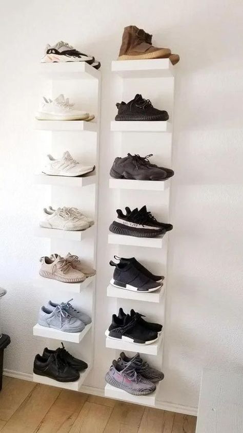 Keep these ideas in handy if you need more storage space for your shoes. Shoe Organization Small Space, Wall Shoe Storage, Mordecai Y Rigby, Shoe Rack For Small Spaces, Shoe Rack Ideas, Ikea Lack Shelves, Shoe Storage Small Space, Ikea Shoe, Closet Shoe