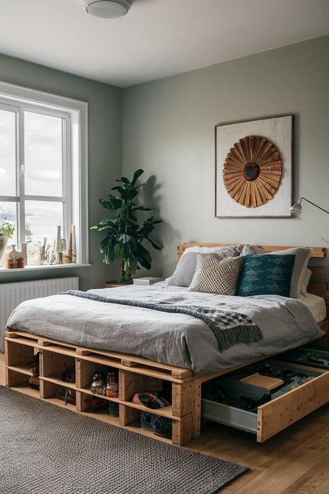 15 Easy Pallet Bed Frame Ideas to Create a Cozy and Stylish Bedroom Bed Frame Ideas, Diy Bed Frame Easy, Wood Pallet Bed Frame, Pallet Bed Frame Diy, Wood Pallet Beds, Pallet Bed Frames, Pallet Bed Frame, Bedroom Ideas For Small Rooms Diy, Bedroom On A Budget