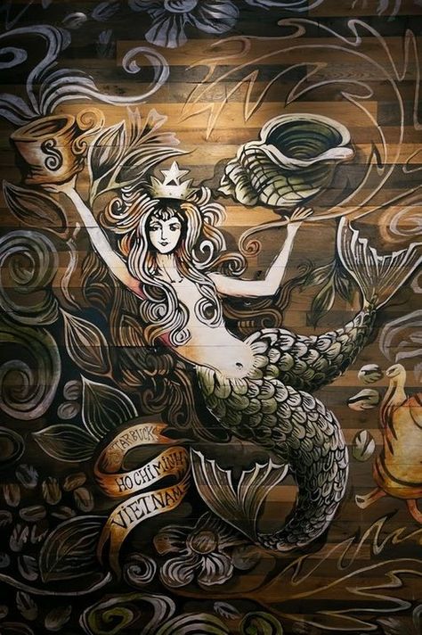 . Stairway Wall, Starbucks Art, Starbucks Siren, Starbucks Store, Mermaid Artwork, Real Mermaids, Mermaid Tale, Mermaids And Mermen, Mermaid Life