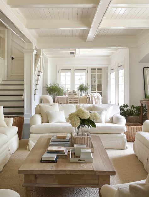 13 White Interior Spaces that Invite You to Stay Awhile | Ruff Details Blog White Walls Traditional Home, Great Room Large Windows, Peaked Ceiling Living Room, All White Home Interior, Hamptons Farmhouse Style, Timeless Design Interior, Salons Cottage, Kitchens Decor, Hamptons Style Interior