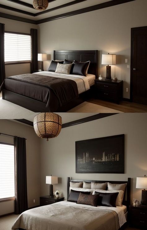 Japandi Dark Wood Bedroom, Mahagony Bedroom Ideas, Dark Wood King Bed, Bedroom Dark Bed Frame, Dark Brown Wood Bedroom Ideas, Dark Brown Room Ideas Bedrooms, Brown Furniture Bedroom Color Combinations Dark Wood, Dark Brown Bed Frame Bedroom Ideas, Brown Wood Bedroom Ideas