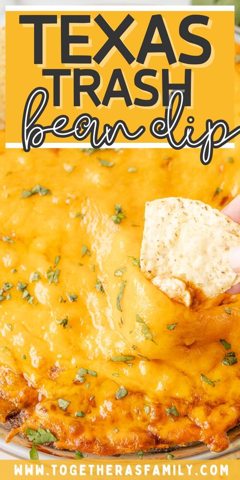 Texas Trash Dip is a creamy warm bean dip, also called Texas bean dip, with a creamy refried bean mixture, taco seasoned green chilies, and lots of gooey cheese! Serve alongside a bag of tortilla chips and watch it disappear fast. Bean Dip With Enchilada Sauce, Cheesy Texas Trash Dip, Beans Dip Recipes, How To Use Refried Beans, Refried Bean Dip With Cream Cheese, Refried Bean Dip Recipes, Camp Appetizers, Recipes Using Refried Beans, Cold Bean Dip