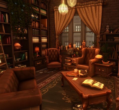 Sims 4 Old House Interior, Autumn House Sims 4, Sims 4 Home Library, Sims 4 Ranch Interior, Sims Mansion Interior, Sims 4 Victorian Living Room, Sims 4 Victorian House Interior, Sims 4 Library Ideas, Sims Home Decor