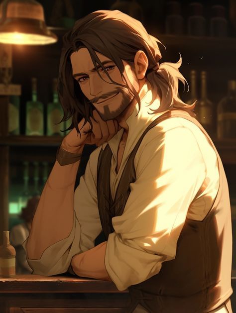 Bartender Painter Oc Art, Burly Man Character Design, Male Character Concept Art, Older Man Art, Male Concept Art, Male Portrait Art, Painter Character, Fantasy Male Art, Npc Art