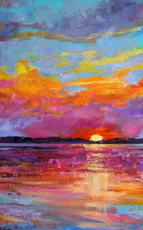 Colorful Sky Painting, Colorful Sky, Sunset Artwork, Arte Indie, Arte Van Gogh, Bright Art, Soyut Sanat Tabloları, Sky Painting, Palette Knife Painting