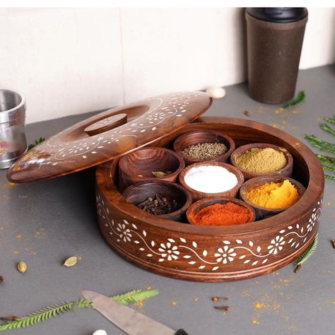 "Add a touch of elegance to your kitchen with our handcrafted Sheesham wood masala box. Perfect for storing your favorite spices! 🌿✨ #Handcrafted #SheeshamWood #SpiceBox" Masala Dabba, Practical Kitchen, Spice Box, Kitchen Organizer, Sheesham Wood, Indian Decor, Dining And Kitchen, Brown Wood, Kitchen Organization