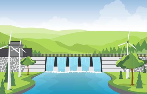 Dam Illustration, Hydropower Plant, Dam Design, Landmark Illustration, Hydro Power Plant, Text Games, Water Dam, Fake Chat, River Flowing