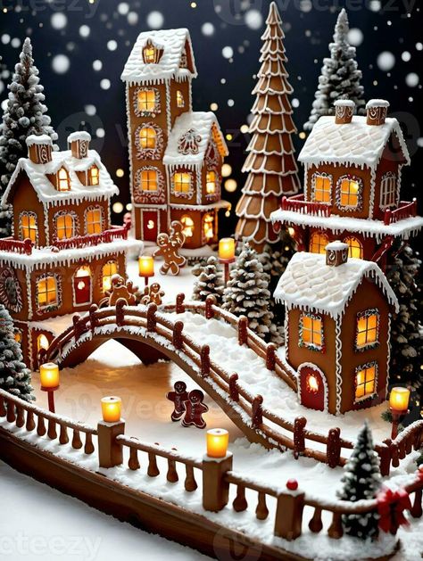 Gingerbread Landscape Ideas, Gingerbread Ferris Wheel, Christmas Village Gingerbread, Gingerbread Village Cake, Gingerbread House Modern, Gingerbread House Creative Ideas, Gingerbread Train Station, 2 Story Gingerbread House, Ginger Bread House Village