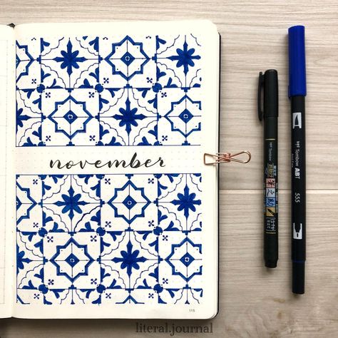 Bullet Journal November Cover Page, November Cover Page, Journal D'inspiration, Bullet Journal Cover Page, Bullet Journal Mood, Bullet Journal Aesthetic, Portuguese Tiles, Bullet Journal Notebook, Bullet Journal Themes