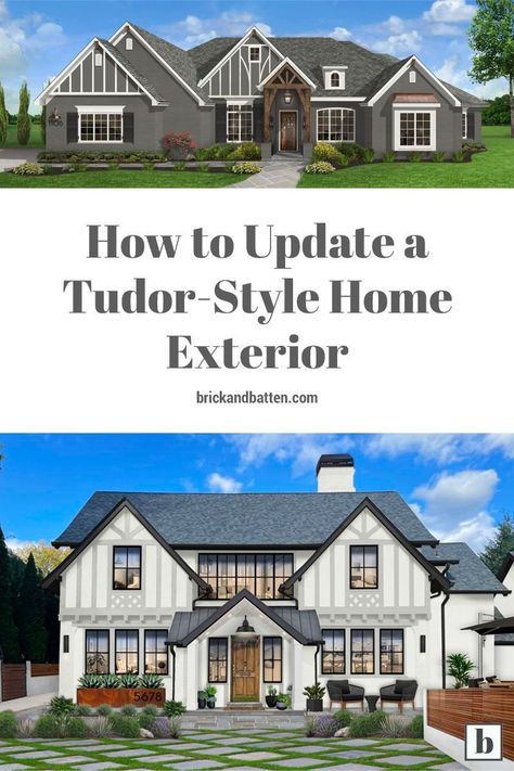 Tudor-style homes have a unique and specific type of architecture. For this reason, it can be intimidating to update their exteriors. Certain color palettes and finishings simply don’t work on a Tudor-style house. But there are ways to make Tudors feel modern without losing their character! This post will walk you through our favorite ways to refresh this type of home. #tudorstylehomes #tudorhouse #tudorhouseexterior English Tudor House Exterior, Tudor Revival House Exterior, Modern Tudor House Exterior, Tudor Exterior Paint, Tutor Style Homes, Home Exterior Colors Schemes, Tudor House Exterior, English Tudor Homes, Modern Tudor