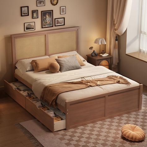 PRICES MAY VARY. 1.【Wood Queen Bed Frame】Constructed of solid pine wood+MDF, this platform bed features a sturdy high quality solid wood construction for durability and high load capacity, ensuring longevity.If you have any question about this bed frame, please feel free to contact us via our official email: csr@merax.com 2.【Bed Frame Queen with Storage】There are 4 drawers under the bed, which can be opened from either the left or right side. The bottom wheel design is easy for you to pull out a Caramel Bed Frame, Rattan Decoration, Rattan Accents, Soho Apartment, Bamboo Bed, Solid Wood Bed Frame, Rattan Headboard, Wooden Platform Bed, Storage Platform Bed