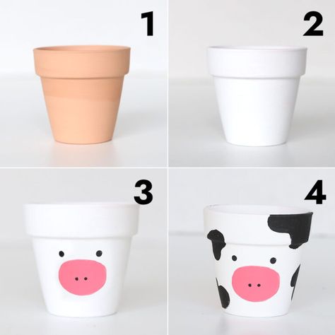 Simple Flower Pot Painting, Small Painted Pots, Spring Painted Pots, Clay Flower Pot Painting Ideas, Painted Pots Diy Easy, Small Flower Pot Painting Ideas, Clay Pots Painting, Flower Pot Designs Painted, Cow Flower Pot