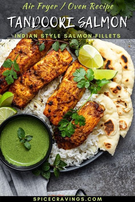 This Tandoori Salmon recipe is a quick, healthy meal in which salmon is rubbed with aromatic Indian spices, then cooked in an air fryer or oven. #tandoorisalmon #indianfishrecipes #easyweeknightdinners Salmon And Prawns Recipe, Fish Salmon Recipes, Salmon Recipes Indian Style, Indian Salmon Curry, Salmon And Chicken Recipes, Tandoori Salmon Recipes, Salmon Indian Recipes, Indian Salmon Recipes, Indian Seafood Recipes