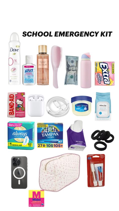 #girls #help #emergencies Girl Emergency Kit For School, Girl Emergency Kit, School Emergency Kit For Girls Highschool, Emergency Kits For Girls For School, Emergency Bag For Middle School, Emergancy Kits Girl For School, Emergency Kit For Girls, Vacation Packing Checklist, Road Trip Necessities