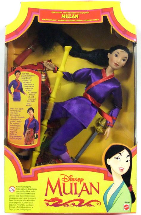 Mattel Mulan doll, 1998  OMG I had this one! When you pull the sword through the loop in her hair, it "cuts" it off like in the momvie! Mulan Party, 90s Dolls, Mulan Doll, Disney Princess Doll Collection, Disney Barbie Dolls, Disney Barbie, Right In The Childhood, Disney Mulan, Disney Doll